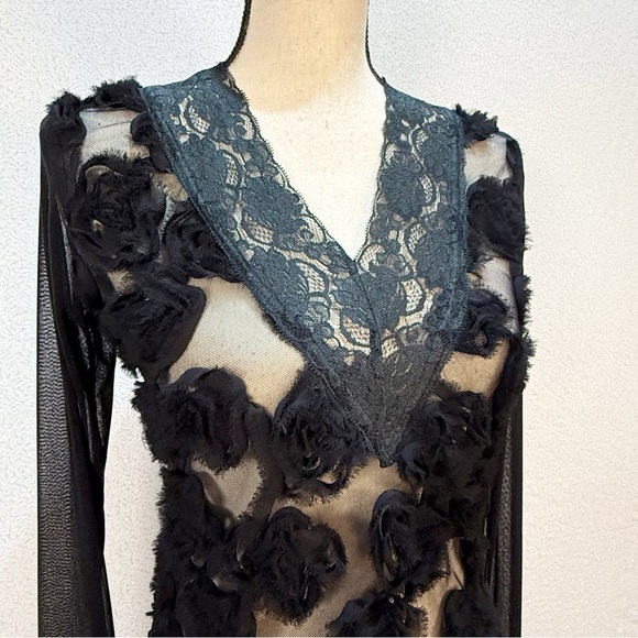 French Laundry by Neto Sheer Black Lace Top with 3D Floral Embellishments - Picture 6 of 16